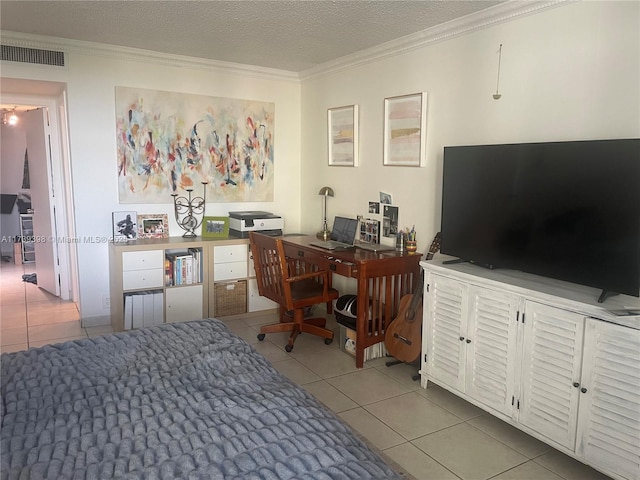 1121 Crandon Blvd Unit D404, Key Biscayne, FL 33149 - bedroom with visible vents, a textured ceiling, ornamental molding, and light tile patterned flooring