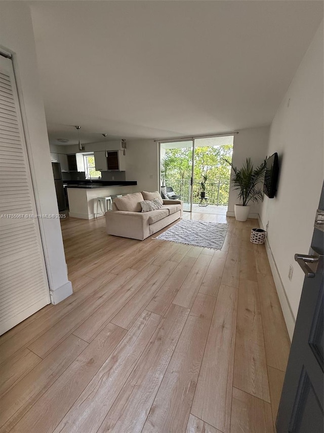 unfurnished living room featuring light wood-type flooring, floor to ceiling windows, and baseboards