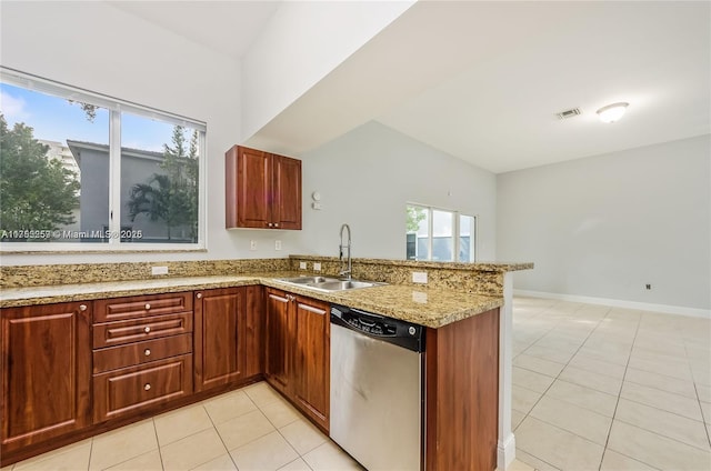 kitchen with light tile patterned floors, visible vents, a peninsula, stainless steel dishwasher, and a sink