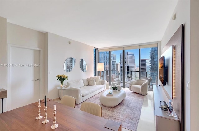 living room with a wall of windows