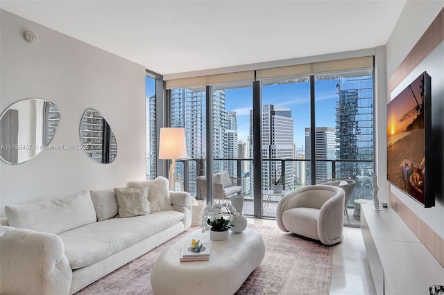 living area featuring a wall of windows