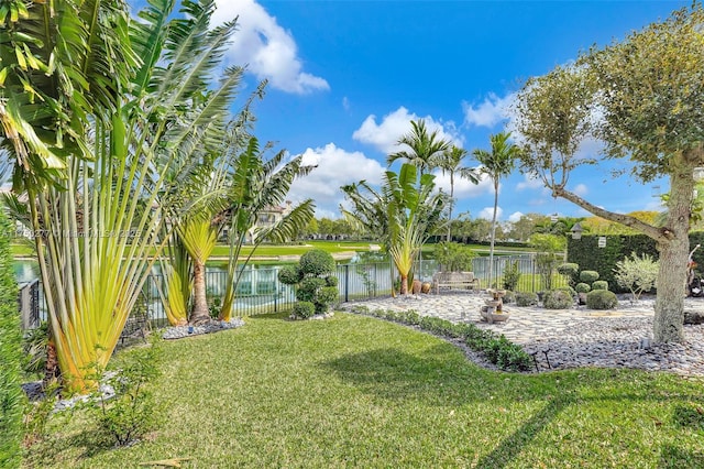 view of yard featuring a water view and a fenced backyard