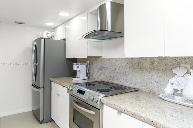 kitchen with decorative backsplash, range with electric cooktop, white cabinets, and wall chimney exhaust hood