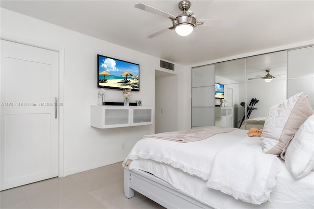 bedroom featuring ceiling fan, a closet, and visible vents