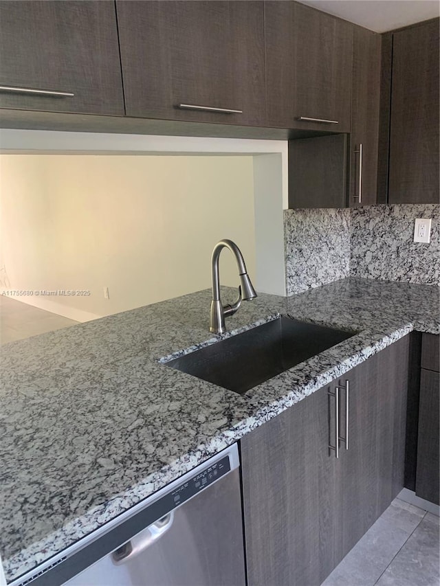 425 W Park Dr Unit 12, Miami, FL 33172 - kitchen featuring light stone counters, backsplash, stainless steel dishwasher, dark brown cabinetry, and a sink