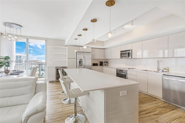 kitchen with light wood-style flooring, a sink, open floor plan, appliances with stainless steel finishes, and modern cabinets