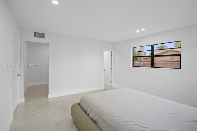 bedroom featuring baseboards, visible vents, and recessed lighting