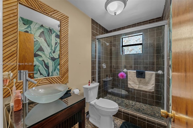 bathroom featuring toilet, a shower stall, and vanity