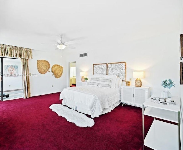 16408 Bridge End Rd, Miami Lakes, FL 33014 - bedroom featuring access to outside, visible vents, a ceiling fan, and dark colored carpet