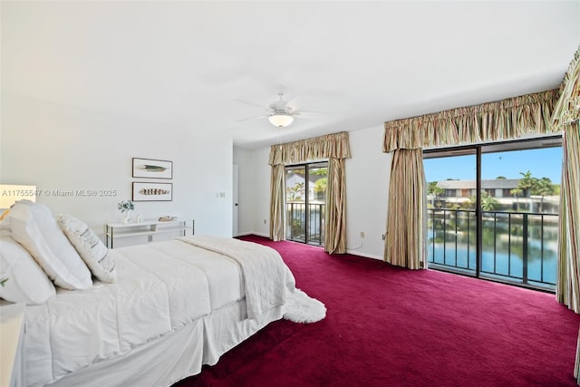 16408 Bridge End Rd, Miami Lakes, FL 33014 - bedroom featuring carpet flooring, a ceiling fan, a water view, and access to exterior
