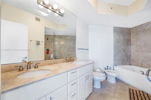 full bathroom with visible vents, a sink, a bidet, and a walk in shower