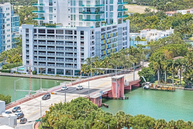 birds eye view of property featuring a water view