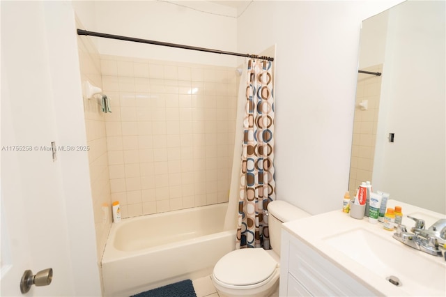 bathroom with shower / bath combo, vanity, and toilet