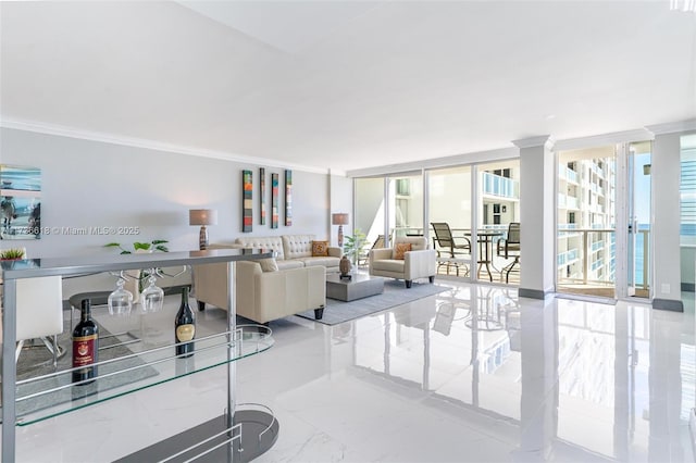 living room with floor to ceiling windows, crown molding, and marble finish floor