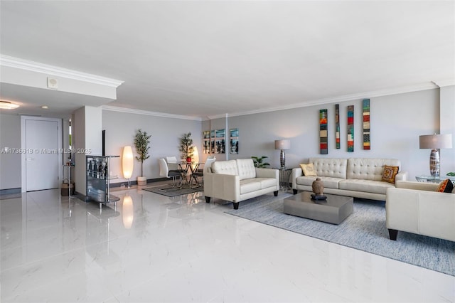 living area featuring marble finish floor and crown molding