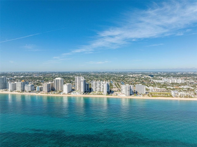 drone / aerial view with a city view and a water view