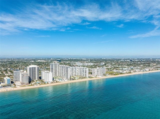 aerial view featuring a city view and a water view