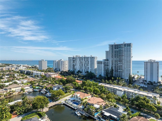 aerial view with a water view and a view of city