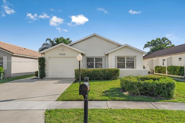 ranch-style home with an attached garage, a front yard, concrete driveway, and stucco siding