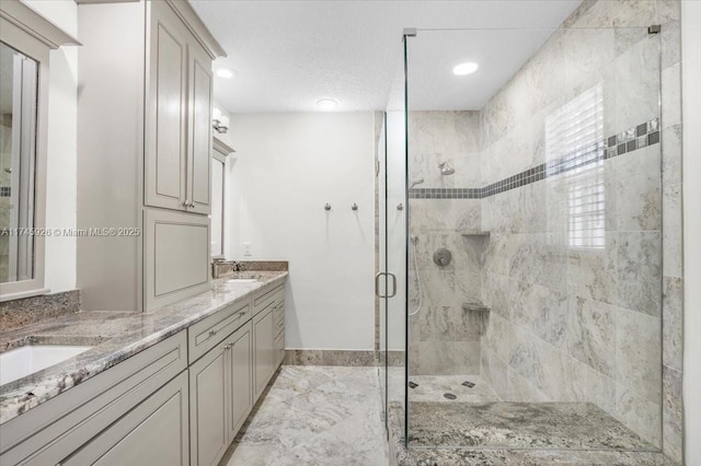 bathroom with double vanity, a shower stall, and a sink