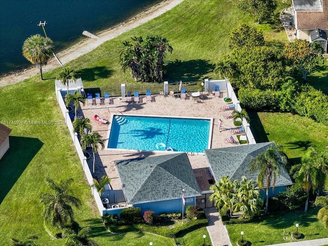 aerial view featuring a water view