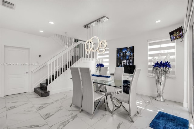 dining room featuring stairway, an inviting chandelier, visible vents, and recessed lighting