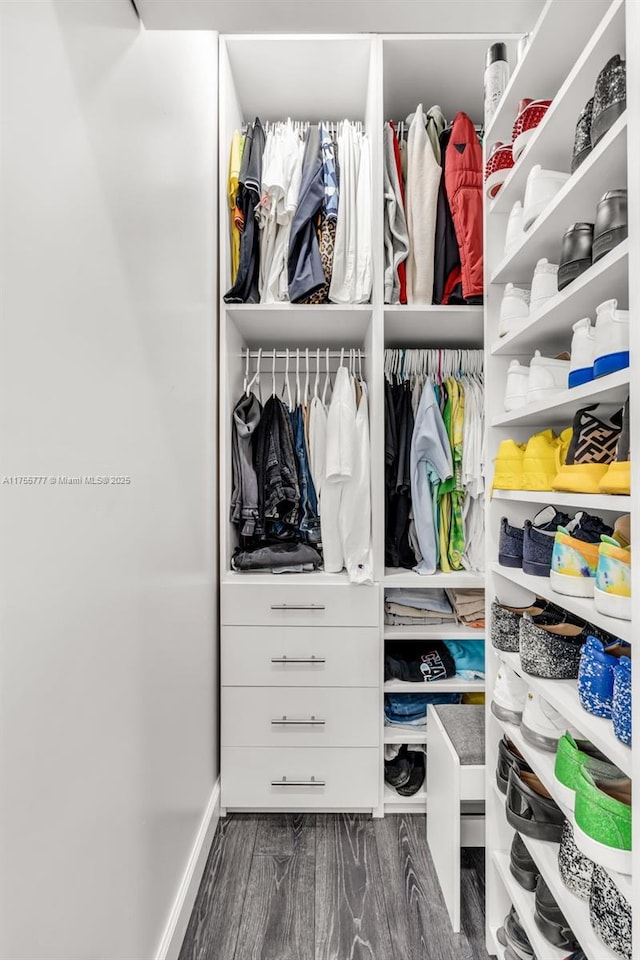 spacious closet with dark wood finished floors