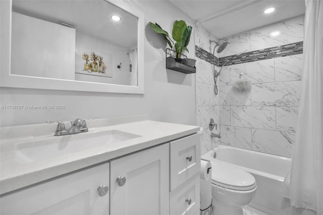 full bathroom with shower / bath combo, vanity, toilet, and recessed lighting