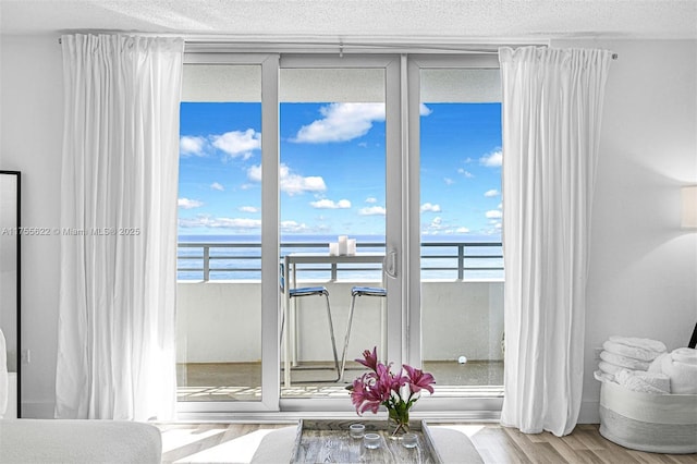 interior space with a textured ceiling and a water view