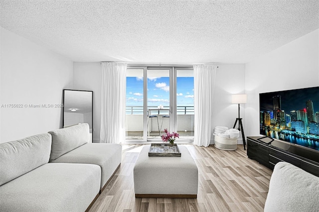 living area featuring a textured ceiling and wood finished floors