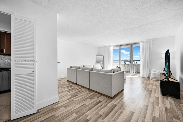 living area featuring baseboards, a textured ceiling, and light wood finished floors