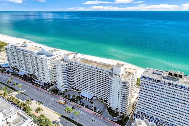 drone / aerial view with a water view and a view of the beach