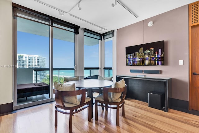 dining space featuring expansive windows, rail lighting, and wood finished floors