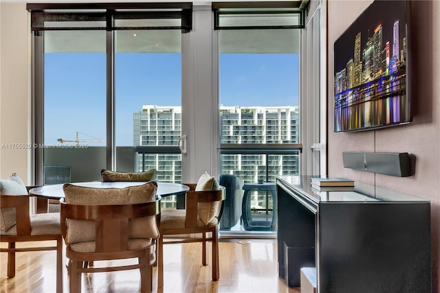 interior space featuring floor to ceiling windows and wood finished floors