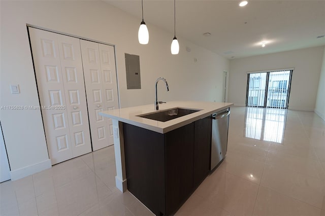 kitchen featuring electric panel, light countertops, stainless steel dishwasher, a sink, and light tile patterned flooring