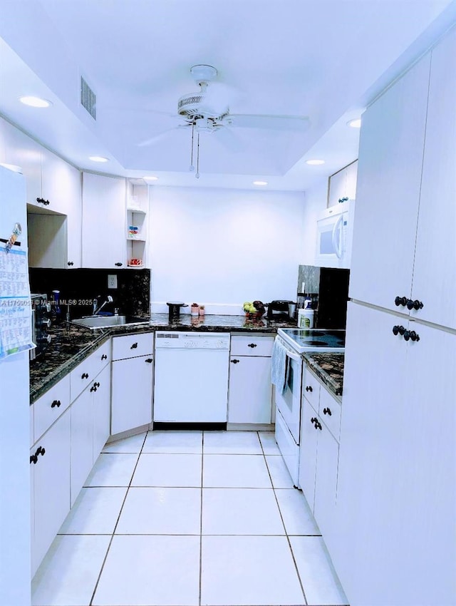 2655 Collins Ave Unit 1505, Miami Beach, FL 33140 - kitchen featuring white appliances, ceiling fan, open shelves, light tile patterned floors, and recessed lighting