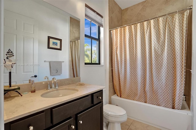 full bath featuring vanity, shower / tub combo, tile patterned flooring, and toilet