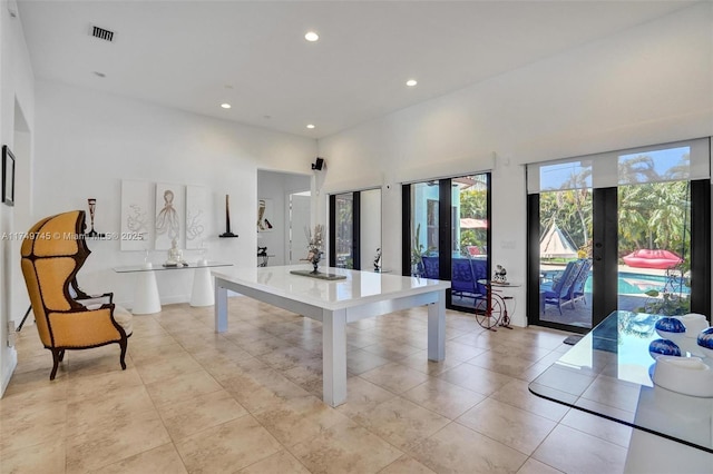 recreation room featuring recessed lighting, french doors, visible vents, and light tile patterned floors