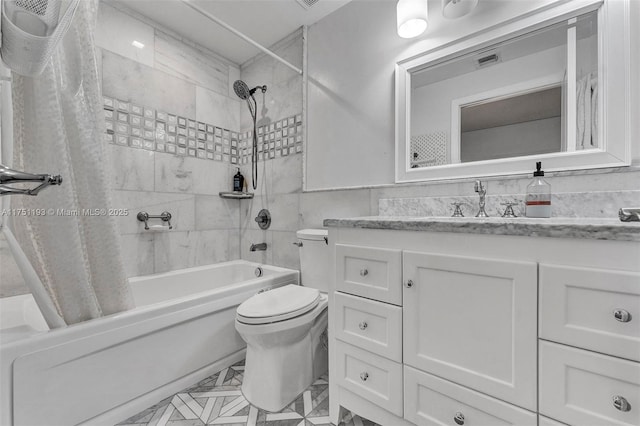 bathroom with visible vents, toilet, shower / bathtub combination with curtain, vanity, and tile walls