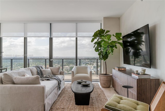 living room with a wall of windows