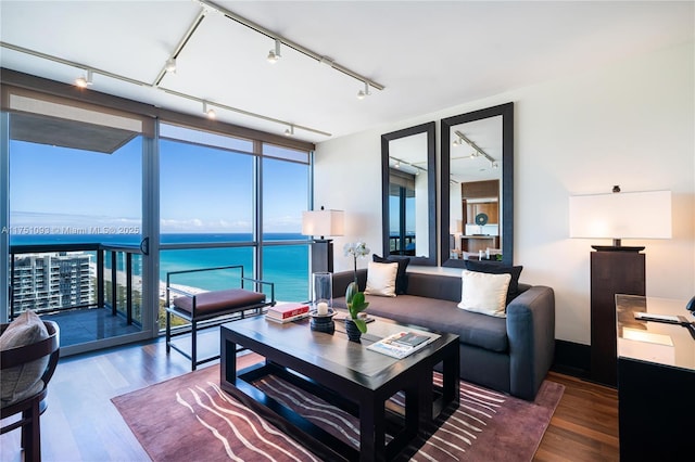 living room with a water view, wood finished floors, rail lighting, and floor to ceiling windows