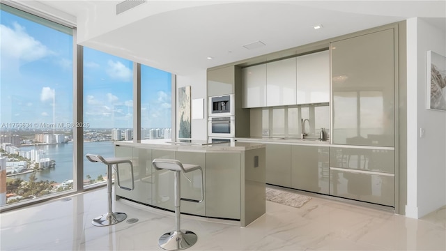 18975 Collins Ave Unit 3504, Sunny Isles Beach, FL 33160 - kitchen featuring a wall of windows, modern cabinets, stainless steel oven, healthy amount of natural light, and built in microwave