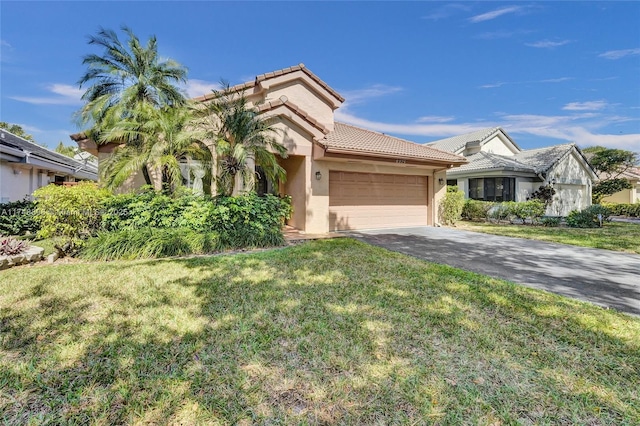 view of front of house with aphalt driveway, a tile roof, stucco siding, a front yard, and a garage