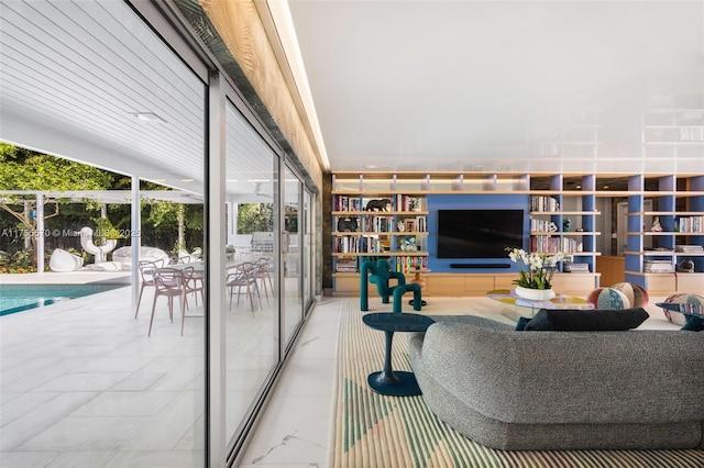 living room with built in shelves