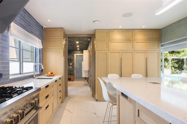 kitchen featuring marble finish floor, light brown cabinetry, high end stove, and a healthy amount of sunlight