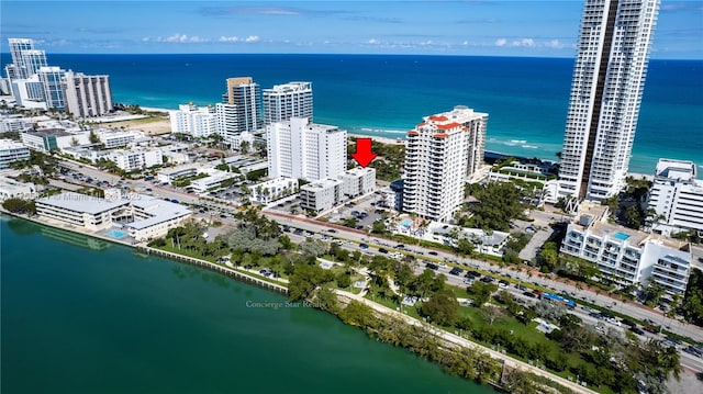 birds eye view of property featuring a city view and a water view