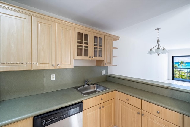 kitchen featuring glass insert cabinets, light brown cabinets, a sink, and stainless steel dishwasher