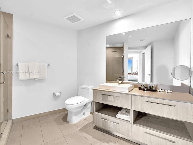 full bathroom with visible vents, a shower stall, toilet, and tile patterned floors