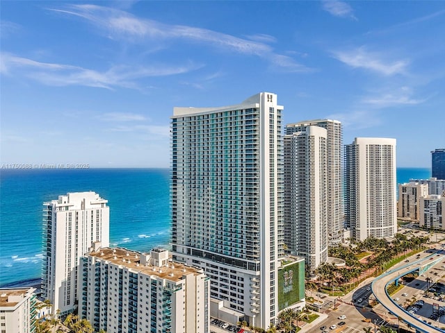 bird's eye view featuring a water view and a city view