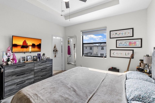 bedroom featuring a raised ceiling and a ceiling fan